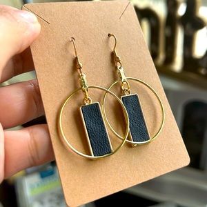 Gold drop down circle with rectangle black leather earrings